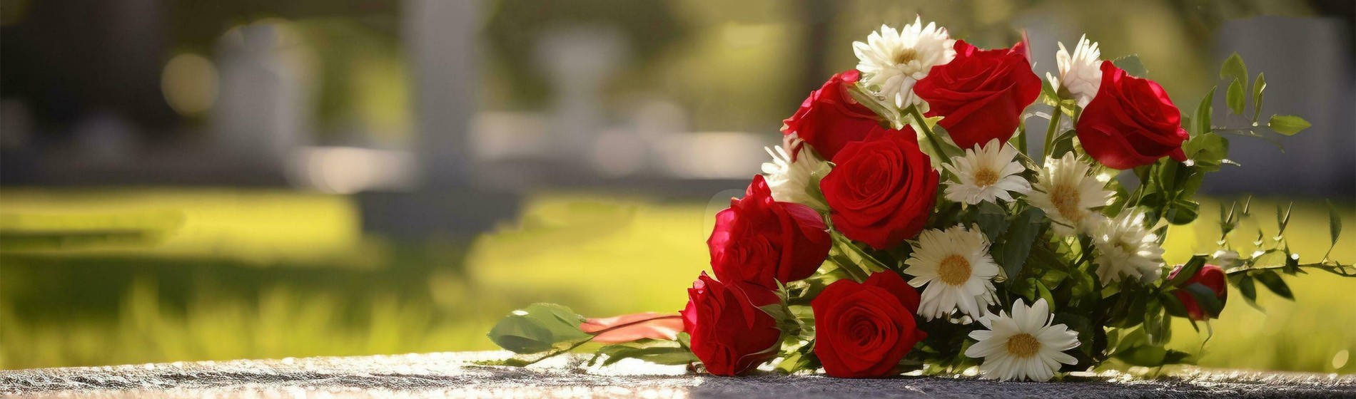 Red roses resting on a granite headstone
